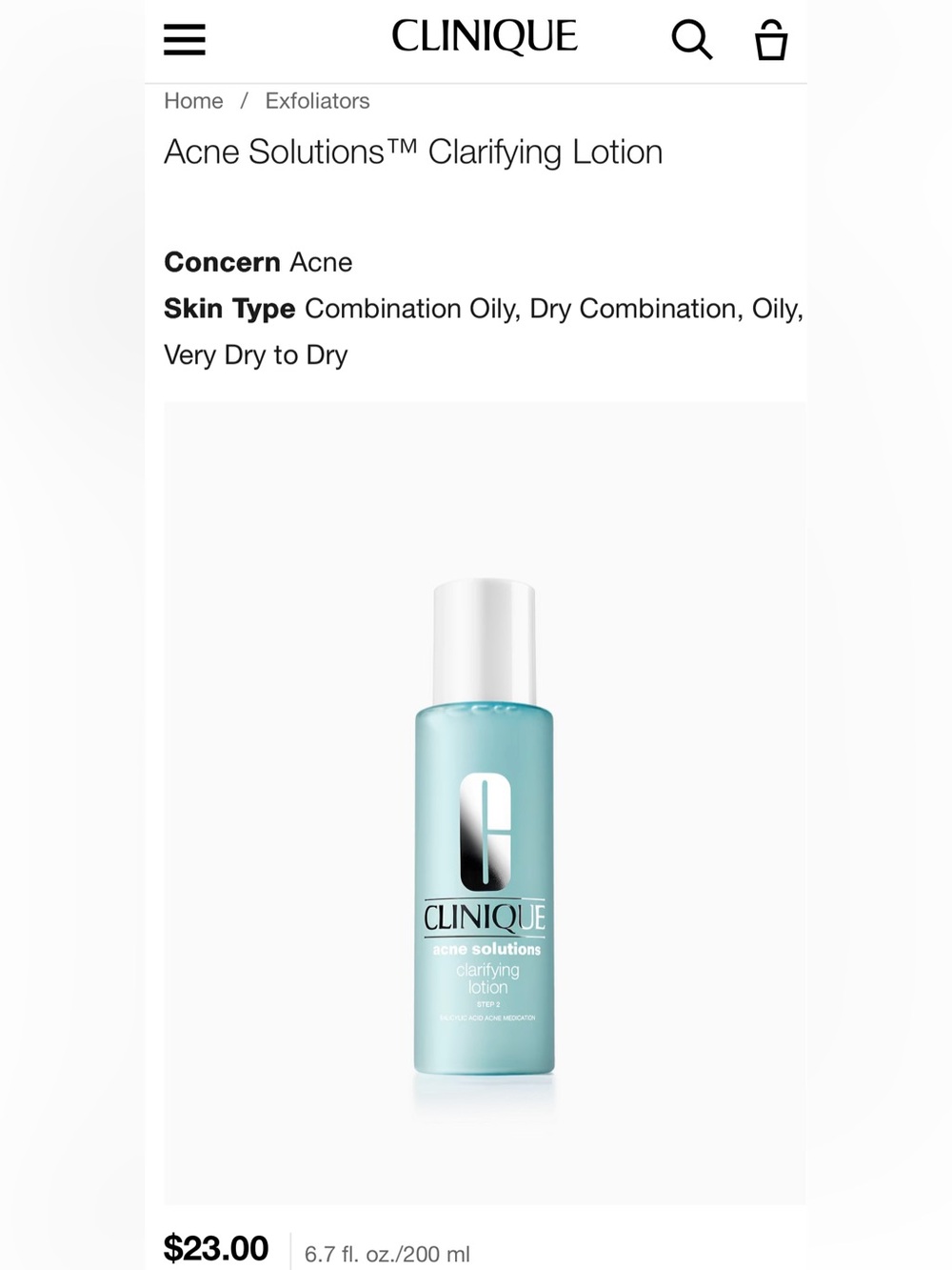 Clinique Acne Solutions Clarifying Lotion Aqua Blue Bottle 200ML